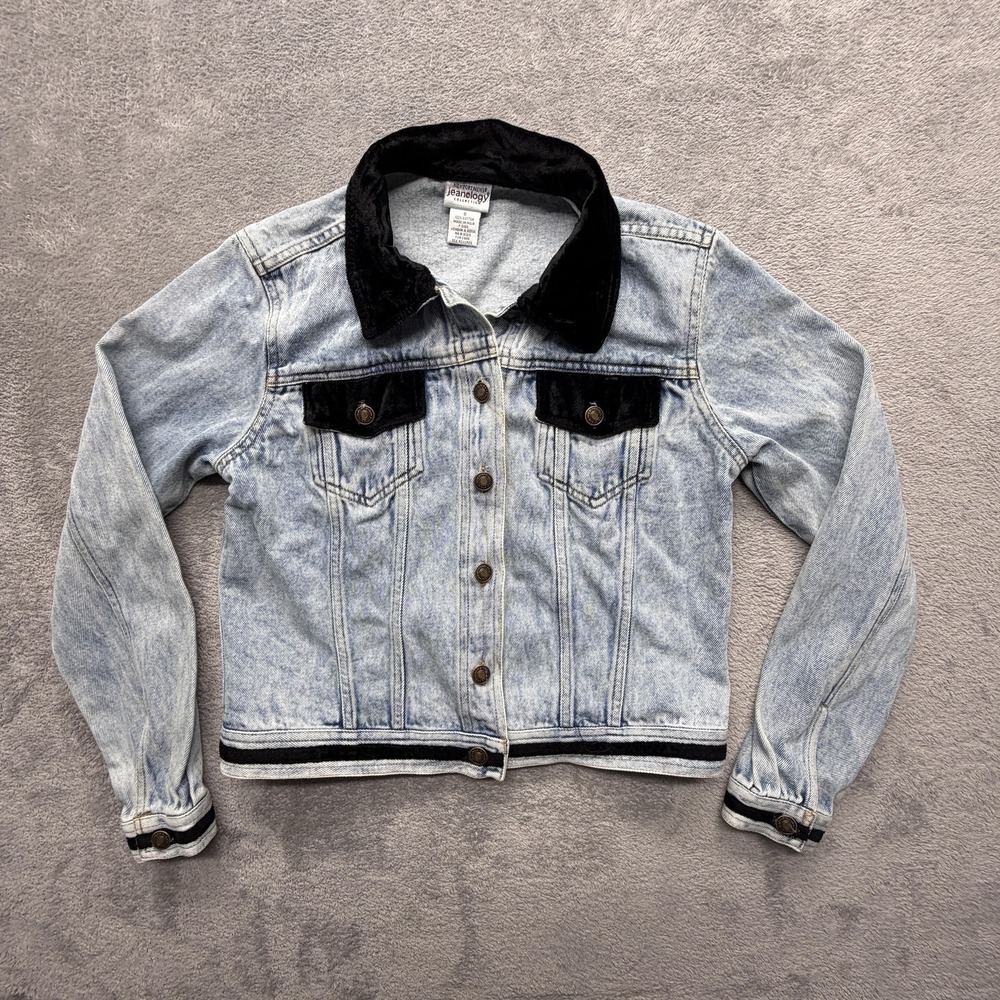 Newport‎ News Jeanology Jacket Womens 8 Blue Denim Velvet Collar Short Cropped